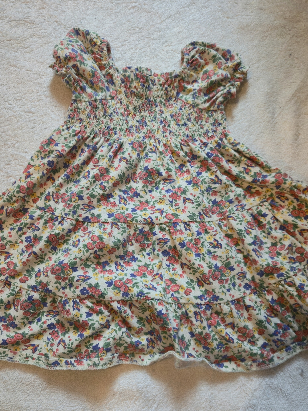 Polo by Ralph Lauren Cream Floral Smocked Sundress with Pink & Blue Flowers